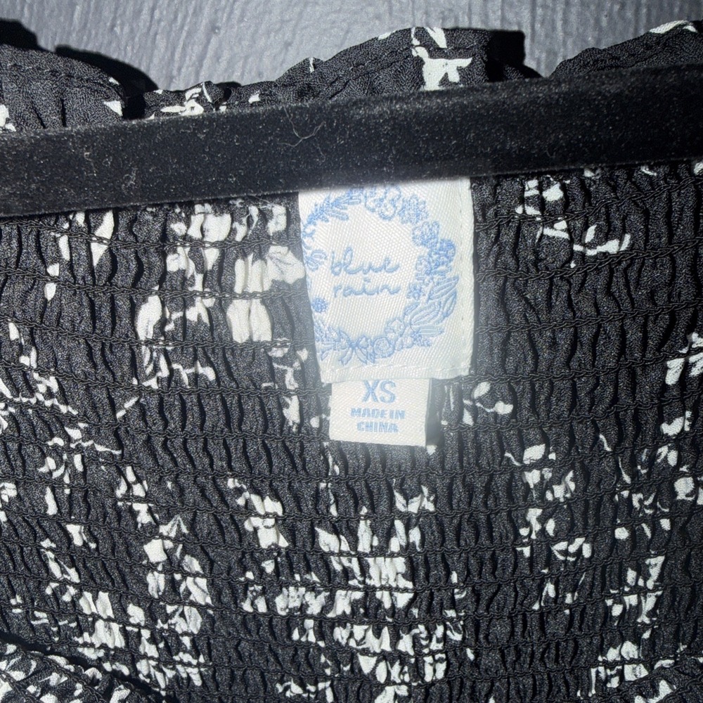 Blue Rain Maxi Dress Womens XS Boho Off Shoulder Smocked Black White Festival - Picture 4 of 6